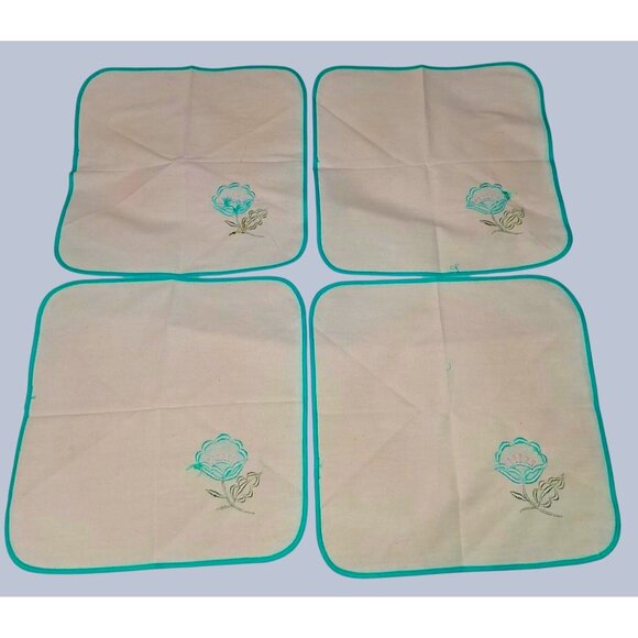 Set Of 4 Embroidered Floral Cloth Napkins With Teal Trim - Picture 7 of 8